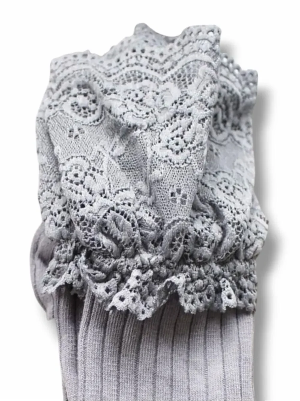 Gray Rib Knit Cotton Lace Top Over Knee Socks